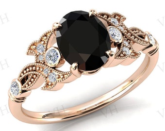 Vintage Black Onyx Engagement Ring 14k Rose Gold Black Onyx Wedding Ring For Women Art Deco Engagement Ring 14k Gold Antique Wedding Ring