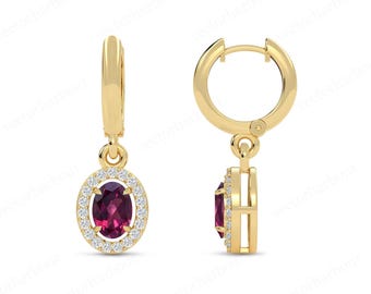 Rhodolite Garnet Earrings For Women 14k Gold Garnet Handmade Earrings Vintage Halo Earrings Art Deco Wedding Earrings Women Anniversary Gift