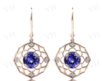 Orecchini vintage con tanzanite da donna, orecchini unici a forma di loto in argento 925, orecchini con gemma blu, orecchini in stile antico, regalo di nozze per lei.