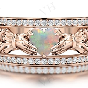 Heart Shaped Opal Engagement Ring For Women Unique Claddagh Wedding Ring 14k Gold Claddagh Style Ring Art Deco Opal Bridal Promise Ring