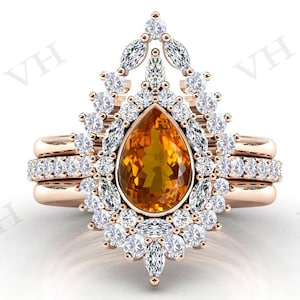 Maderia Citrine Engagement Ring Set Art Deco Pear Shape Maderia Citrine Wedding Ring Set Citrine Gemstone Ring Set Vintage Halo Bridal Set