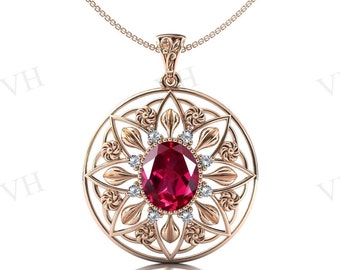 Vintage Ruby Pendant For Women 14k Rose Gold Art Deco Wedding Pendant Antique Floral Design Pendant Unique Anniversary Gift For Women