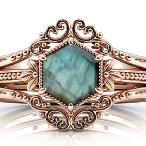 Hexagon Shaped Blue Labradorite Engagement Ring Set 14k Gold Blue Fire Labradorite Wedding Ring Set Art Deco Leaf Design Bridal Ring Set