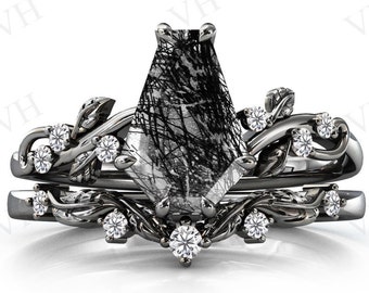 Antique Coffin Shaped Black Rutile Engagement Ring Set Vine Leaf Style Art Deco Bridal Anniversary Ring Set Vintage Black Rutilated Ring Set