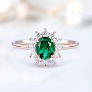 Antique Emerald Engagement Ring Vintage Bridal Anniversary Ring Rose Gold Emerald Wedding Ring Art Deco Halo Engagement Ring Gift For Women