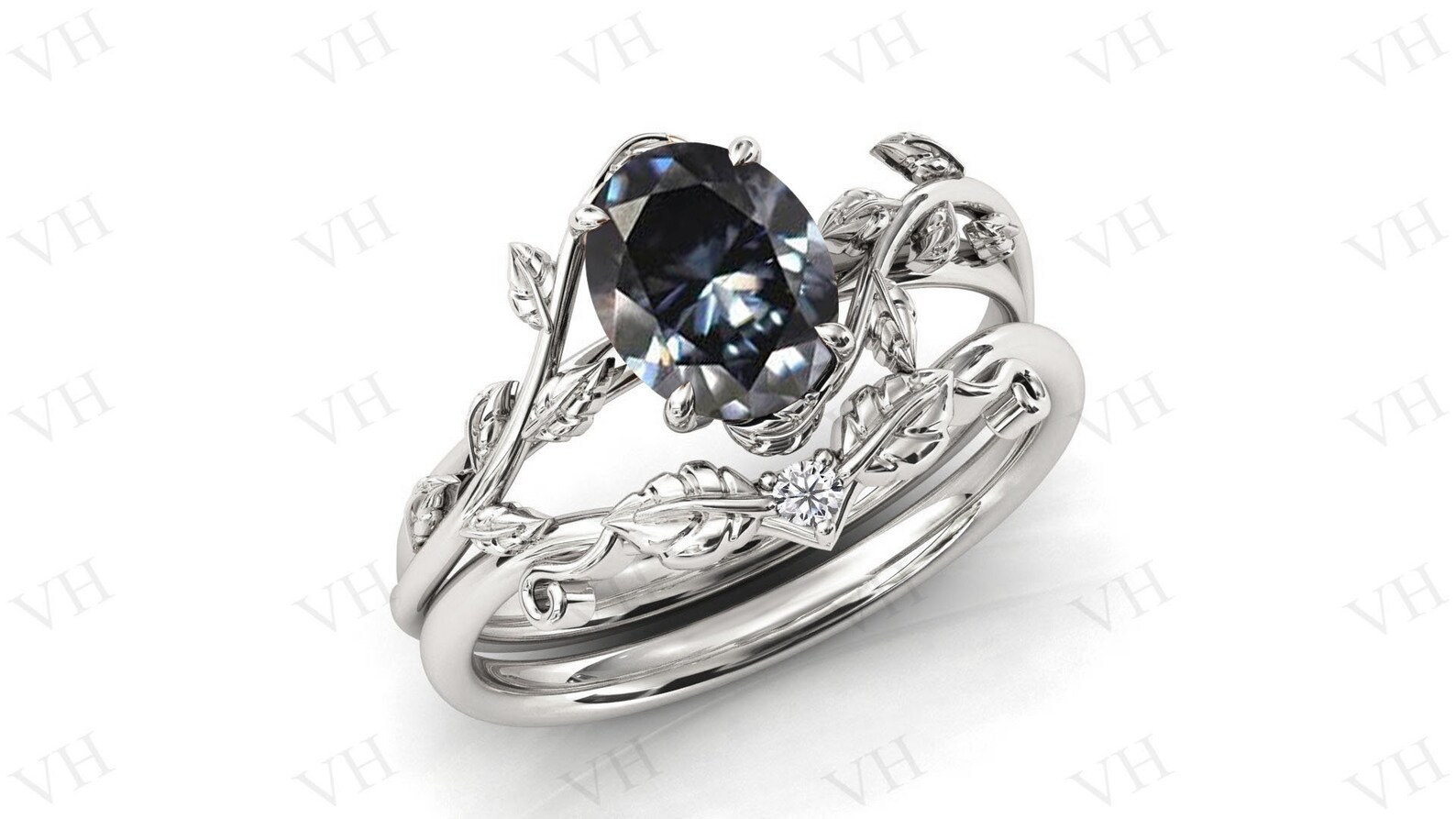 Vine Leaf Design Grey Spinel Engagement Ring Set 925 Silver - Etsy