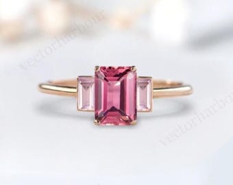 Emerald Cut Pink Tourmaline Engagement Ring Unique Multi Gemstone Ring 14k Gold Pink Tourmaline Wedding Ring Art Deco Bridal Ring For Women