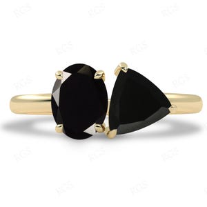 Unique Black Onyx Engagement Ring For Women Trillion Cut Black Onyx Wedding Ring 925 Silver Black Gemstone Ring Art Deco Bridal Promise Ring