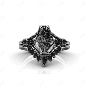 Art Deco Coffin Shaped Black Rutile Engagement Ring Set Vintage Black Rutilated Quartz Ring Set 925 Silver Rutile Antique Wedding Ring Set image 6
