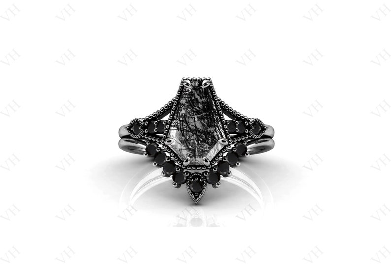 Art Deco Coffin Shaped Black Rutile Engagement Ring Set Vintage Black Rutilated Quartz Ring Set 925 Silver Rutile Antique Wedding Ring Set image 6