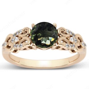 Moldavite Wedding Ring For Women Unique Filigree Engagement Ring 14k Gold Moldavite Bridal Ring Vintage Art Deco Wedding Ring Gift For Women