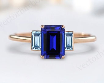 Vintage blauwe saffier verlovingsring voor vrouwen Art Deco Multi Gemstone Ring antieke blauwe saffier trouwring unieke bruidsring voor haar