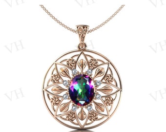 Unikt Mystic Topas-hänge för kvinnor Antik blommig stil hänge 14k roséguld Mystic Topas bröllopshänge Bio Color ädelstenshalsband