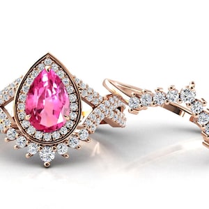 Art Deco Rosa Saphir Verlobungsring Set Vintage Rosa Saphir Ehering Set Unikat Brautring Set Damen Jahrestag Ring Set für Sie