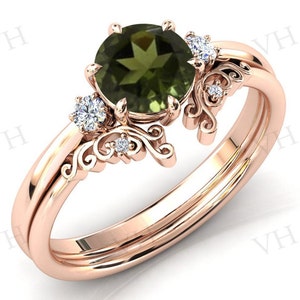 14k Gold Moldavite Engagement Ring Set Art Deco Moldavite Wedding Ring Set Antique Filigree Band Set For Women Vintage Anniversary Ring Set