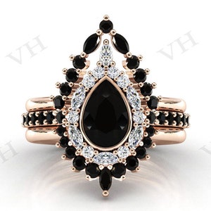 Vintage Pear Cut Black Onyx Engagement Ring Set Black Onyx 3pc Ring Set For Women Black Onyx Wedding Ring Set Anniversary Ring Set For Women