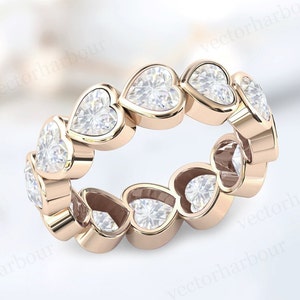 Anillo de compromiso de moissanita en oro de 14 quilates para mujer, anillo de boda de moissanita en forma de corazón, banda única de piedras preciosas blancas engastadas en bisel, anillo de eternidad completo.