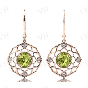 Pendientes de peridoto Art Deco para mujeres Pendientes de boda de loto antiguos 925 Plata esterlina verde Aretes de piedra preciosa Regalo de aniversario para mujeres