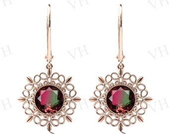Watermelon Tourmaline Earrings Antique Filigree Design Earrings 925 Silver Multi Color Tourmaline Earrings Art Deco Wedding Earrings For Her
