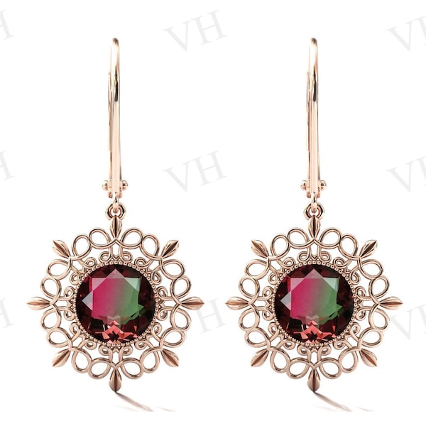 Watermelon Tourmaline Earrings Antique Filigree Design Earrings 925 Silver Multi Color Tourmaline Earrings Art Deco Wedding Earrings For Her