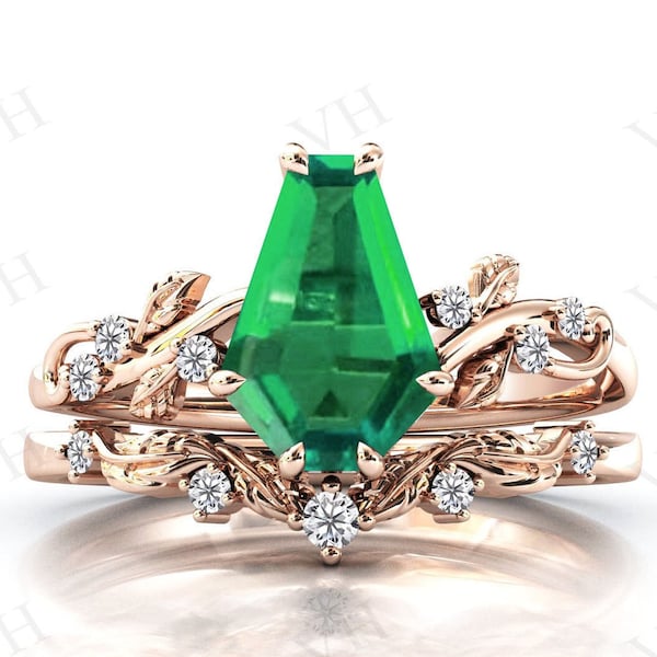 Vine Leaf Design Emerald Engagement Ring Set 14k Rose Gold Emerald 2 Piece Wedding Ring Set Art Deco Coffin Shaped Bridal Ring Set For Women