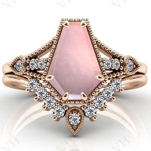 Coffin Shaped Rose Quartz Engagement Ring Set 14k Rose Gold Antique Rose Quartz Wedding Ring Set 2 Piece Vintage Bridal Anniversary Ring Set