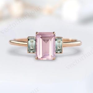 Vintage Rose Quartz Wedding Ring Antique Multi Gemstone Ring Emerald Cut Rose Quartz Engagement Ring Unique Anniversary Ring Gift For Women