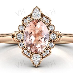 Vintage Peach Morganite Engagement Ring 14k Gold Morganite Halo Wedding Ring Art Deco Morganite Bridal Anniversary Promise Ring For Women