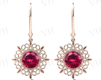 Vintage Ruby Earrings For Women Art Deco Filigree Style Ruby Wedding Earrings Rose Gold Earrings Red Gemstone Earrings Dangle Drop Earrings