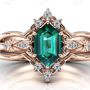 Art Deco Emerald Engagement Ring Set For Women Vintage Hexagon Shaped Emerald 3 Piece Bridal Ring Set 14k Rose Gold Emerald Wedding Ring Set