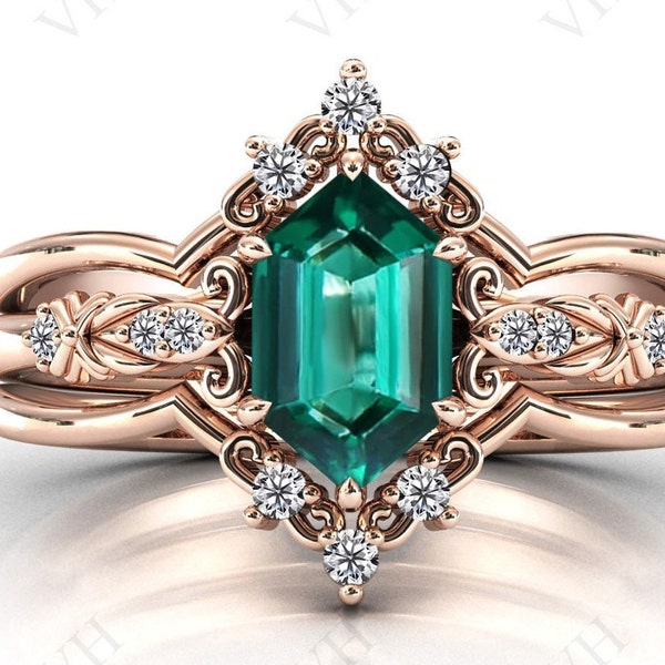 Art Deco Emerald Engagement Ring Set For Women Vintage Hexagon Shaped Emerald 3 Piece Bridal Ring Set 14k Rose Gold Emerald Wedding Ring Set