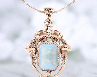 Natural Opal Pendant For Women Vintage Leaf Design Pendant Art Deco Emerald Cut Opal Wedding Necklace 925 Sterling Silver Handmade Pendant