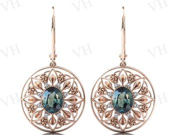 Art Deco Teal Sapphire Earrings Rose Gold Vintage Floral Design Earrings Color Changing Teal Sapphire Bridal Earring Unique Anniversary Gift