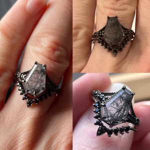 Art Deco Coffin Shaped Black Rutile Engagement Ring Set Vintage Black Rutilated Quartz Ring Set 925 Silver Rutile Antique Wedding Ring Set image 2