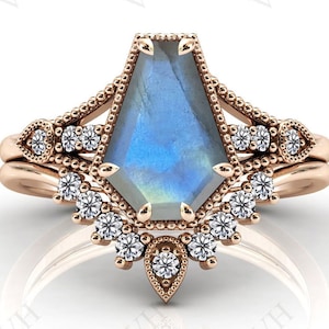 Coffin Shaped Blue Labradorite Engagement Ring Set Art Deco Blue Labradorite Wedding Ring Set Antique Bridal Anniversary Ring Set For Women