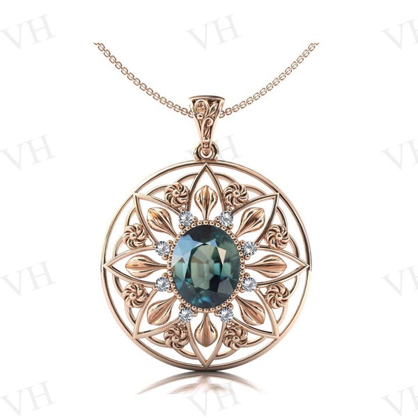 Art Deco Teal Sapphire Pendant For Women Antique Floral Style Wedding Pendant Color Changing Gemstone Pendant Women Statement Pendant