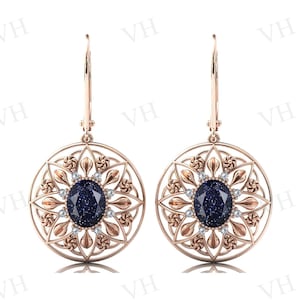 Vintage Blau Sandstein Ohrringe für Frauen Art Deco Blumenmuster Ohrringe Rose Gold Antike Hochzeit Ohrringe Einzigartiges Jahrestagsgeschenk für Sie