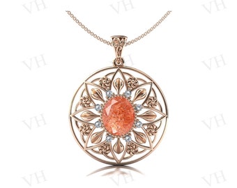 Unique Sunstone Pendant For Women Art Deco Sunstone Wedding Necklace 14k Gold Pendant Vintage Floral Necklace Anniversary Gift For Women