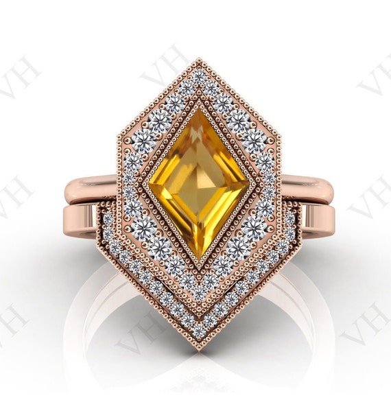 Kite Shaped Citrine Engagement Ring Set Art Deco 2 Pcs Citrine
