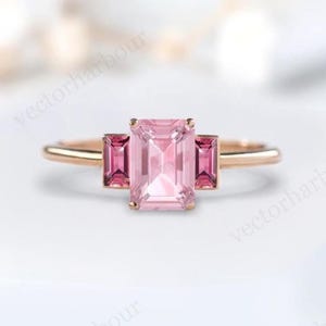 Emerald Cut Pink Morganite Engagement Ring Antique Wedding Ring Unique Three Gemstone Ring Vintage Pink Morganite Bridal Anniversary Ring