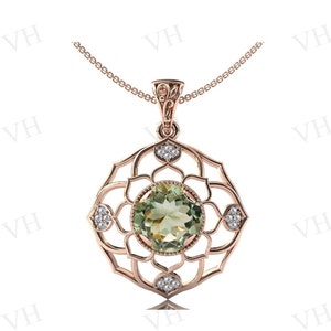 Natural Green Amethyst Pendant For Women 925 Silver Art Deco Lotus Wedding Pendant Antique Green Gemstone Pendant Anniversary Gift For Women