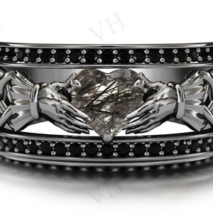 Antique Black Rutile Engagement Ring For Women 925 Sterling Silver Art Deco Claddagh Wedding Ring Heart Shaped Black Rutile Bridal Ring