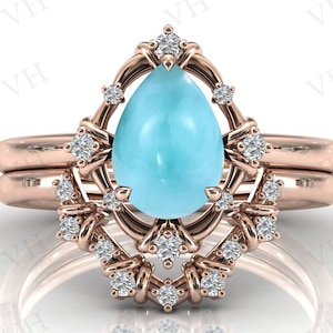 Unique Larimar Engagement Ring Set 14k Rose Gold Art Deco Larimar Wedding Ring Set Pear Shaped Antique Bridal Wedding Ring Set For Women