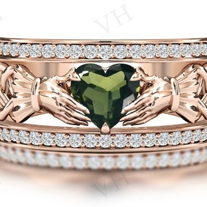 Vintage Moldavite Claddagh Wedding Ring For Women 14k Gold Antique Heart Shaped Moldavite Engagement Ring Art Deco Bridal Wedding Ring