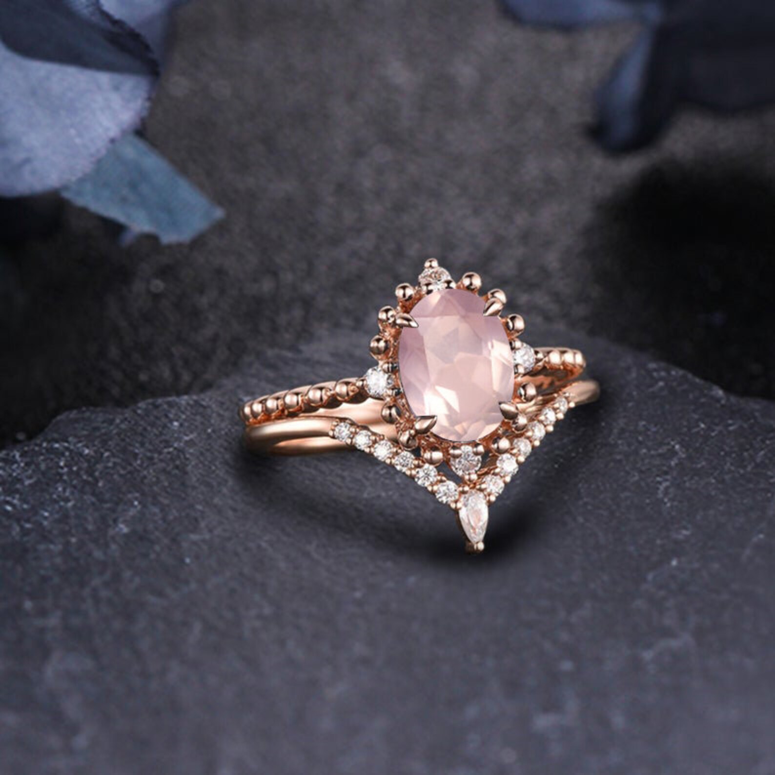 Natural Rose Quartz Wedding Ring Set Vintage Rose Quartz