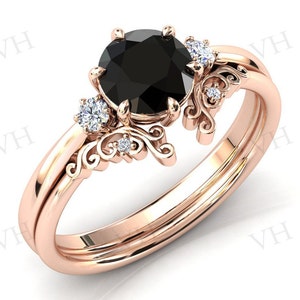 Natural Black Onyx Engagement Ring Set 14k Gold Black Onyx 2pc Ring Set For Women Art Deco Wedding Ring Set Onyx Bridal Anniversary Ring Set