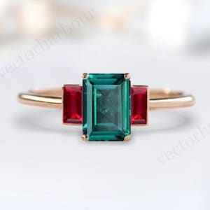 Antique Emerald Engagement Ring Vintage Emerald Wedding Ring Unique Multi Gemstone Ring Emerald Cut Gemstone Bridal Ring Gift For Women