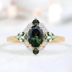 Vintage Moldavite Engagement Ring For Women Art Deco Multi Color Gemstone Ring 925 Silver Moldavite Wedding Ring Unique Promise Ring For Her