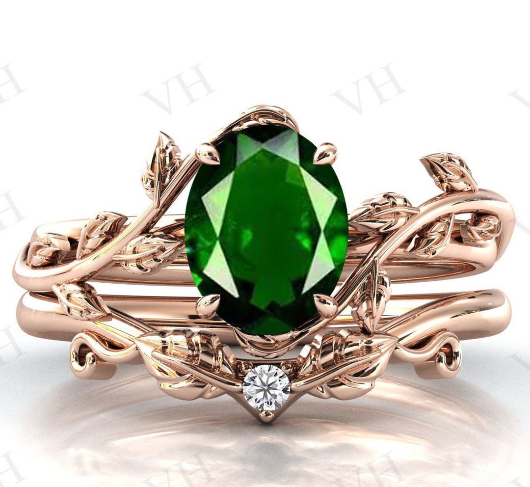 Antique Chrome Diopside Engagement Ring Set Leaf Design Art Deco Wedding Ring Set Green Gemstone