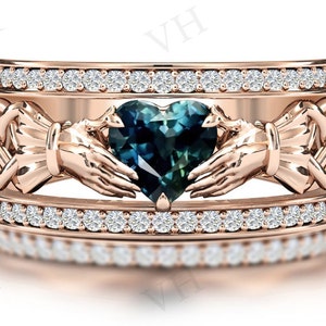Vintage Teal Sapphire Claddagh Engagement Ring For Women Color Changing Teal Sapphire Wedding Ring 14k Gold Art Deco Claddagh Style Ring